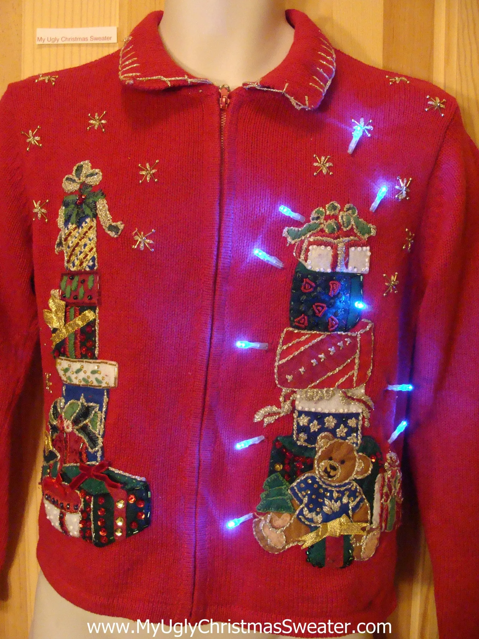 Light Up Christmas Sweater Stacks of Gifts and Teddy Bear