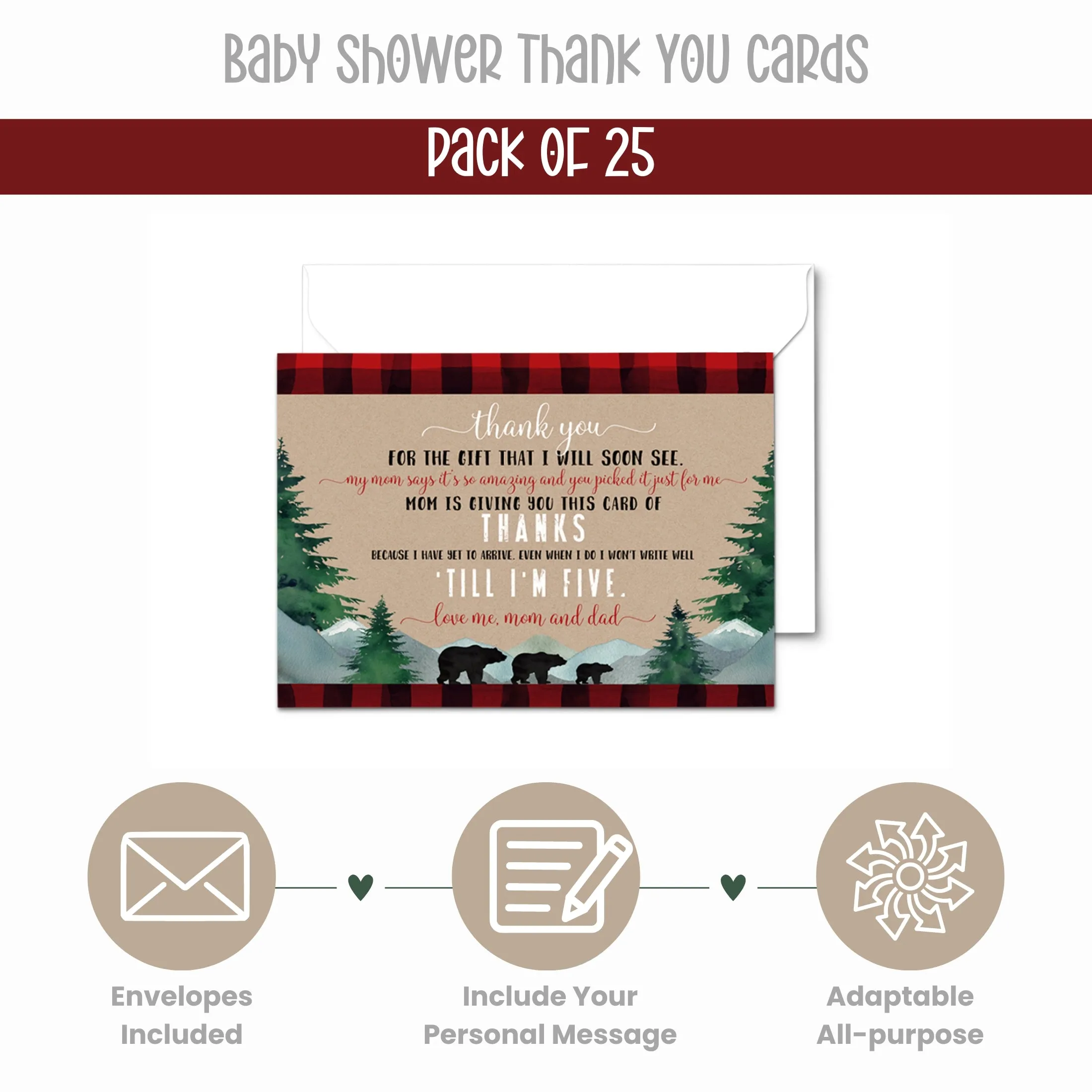 Lumberjack Boys Thank You Cards for Baby Shower – Notecards with Envelopes (Pack of 25)