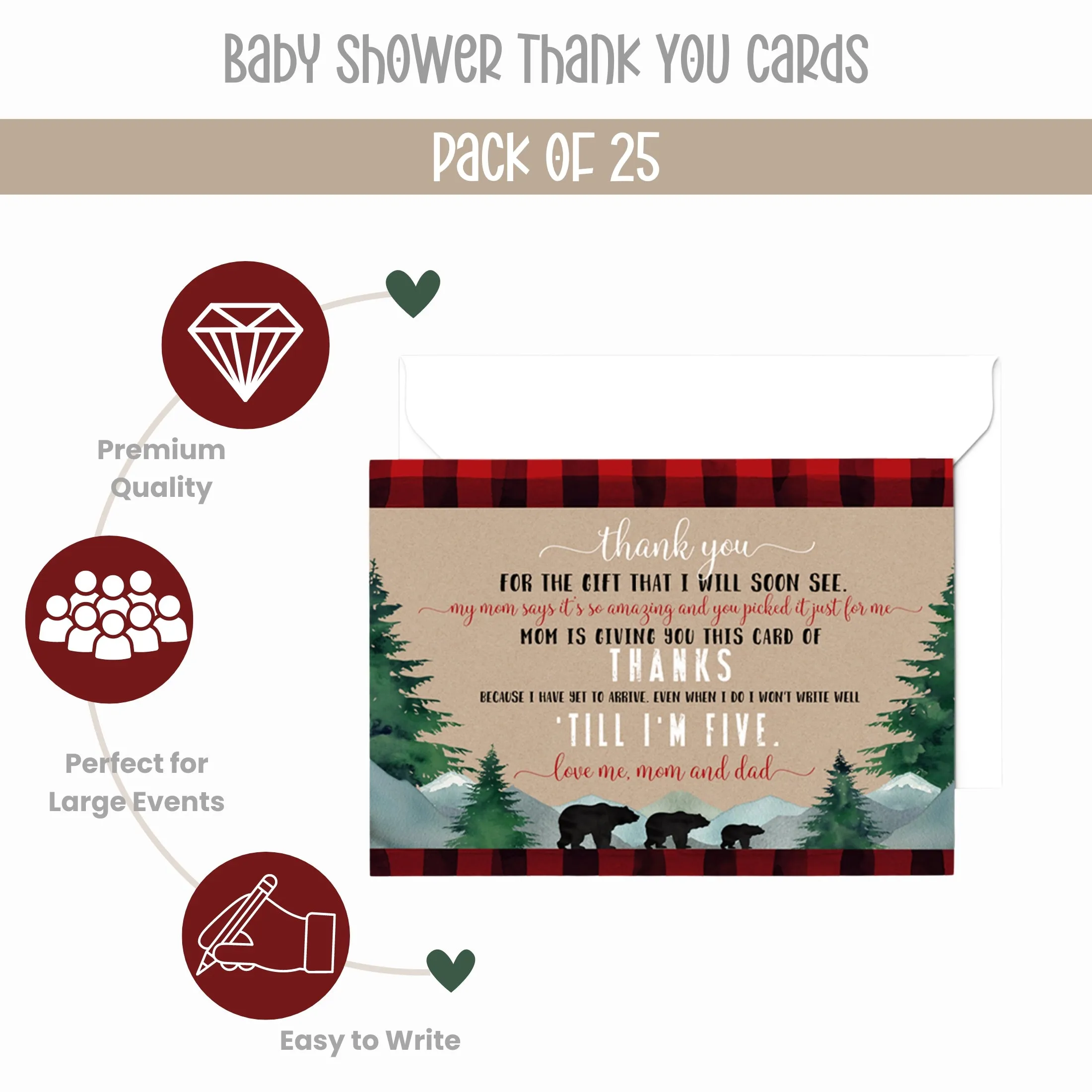 Lumberjack Boys Thank You Cards for Baby Shower – Notecards with Envelopes (Pack of 25)