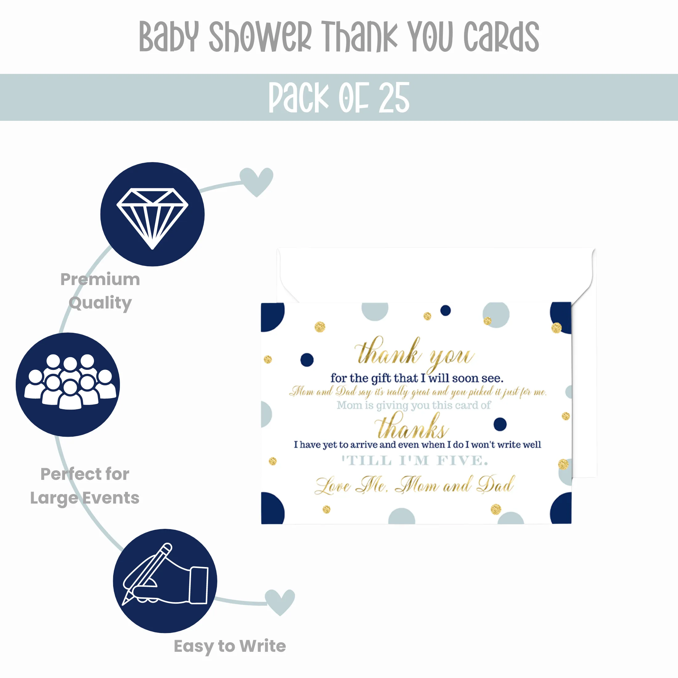 Navy and Gold Baby Shower Thank You Cards for Boys – Notecards (Pack of 25)