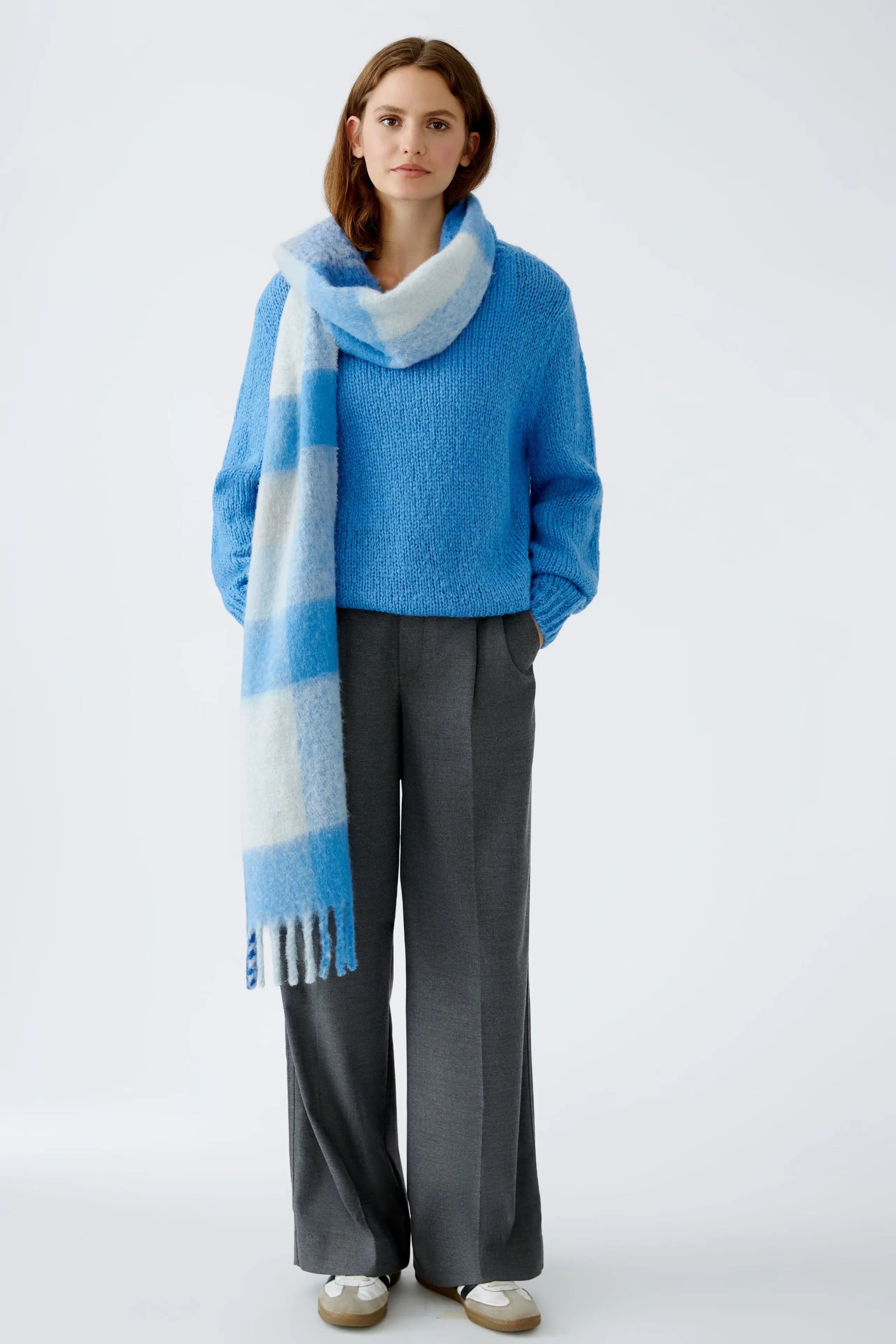 Oui Check Knit Scarf Blue/White