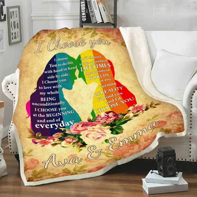 Personalized Pride Blanket For Lesbian, I Choose You Lgbt Rainbow Floral Blanket, Gift For Couple Lesbian