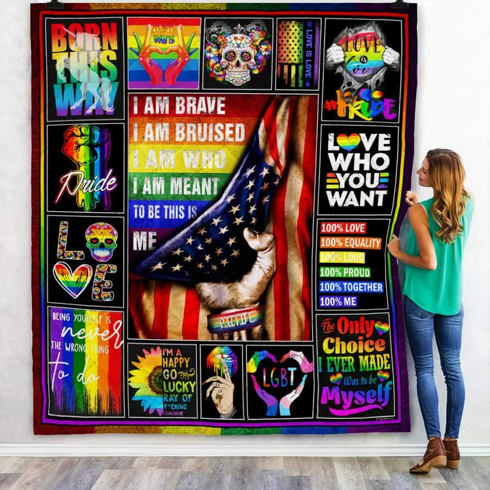 Quilt Bedding Printed Lgbt Pride. I Am Brave Quilt Blanket For Gay Man, Couple Gaymer Gift