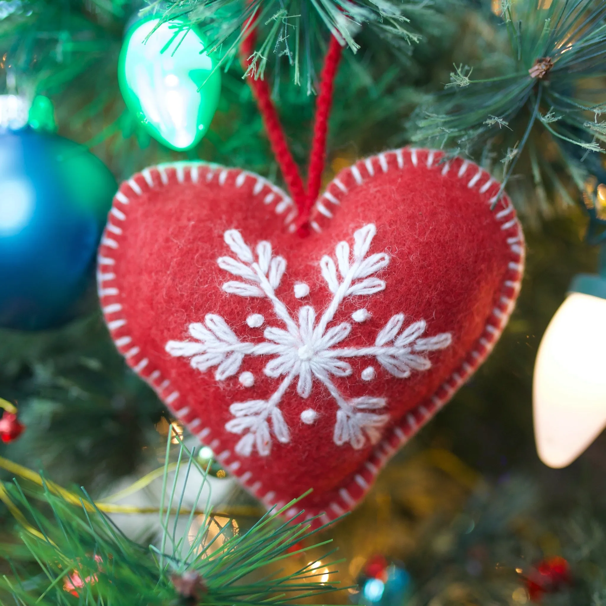 Red Heart Ornament, Embroidered Wool