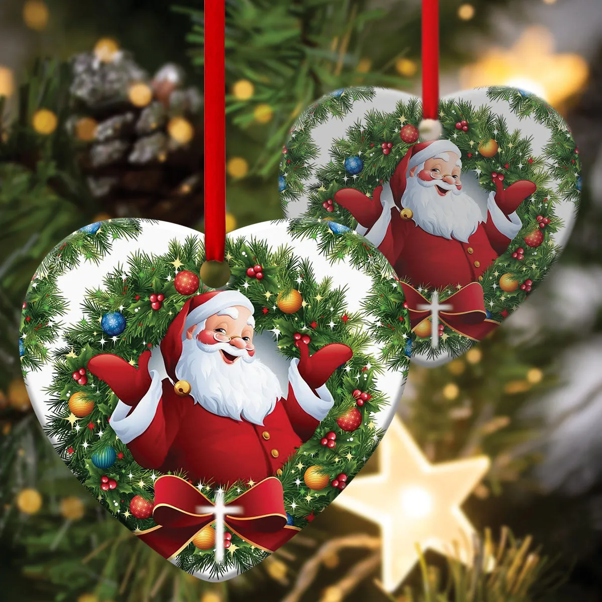 Santa Claus Is Coming - Christian Wreath Ceramic Heart Ornament - Christmas Decor - Funny Ornament