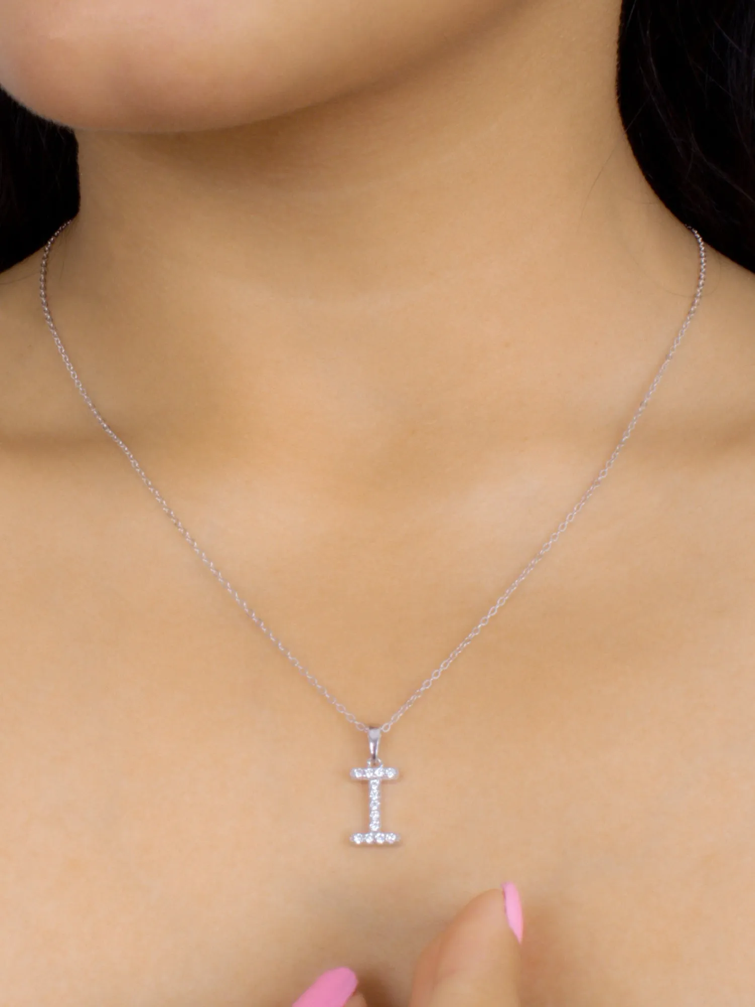 Silver I Initial Letters Or Alphabet Necklace With American Diamonds