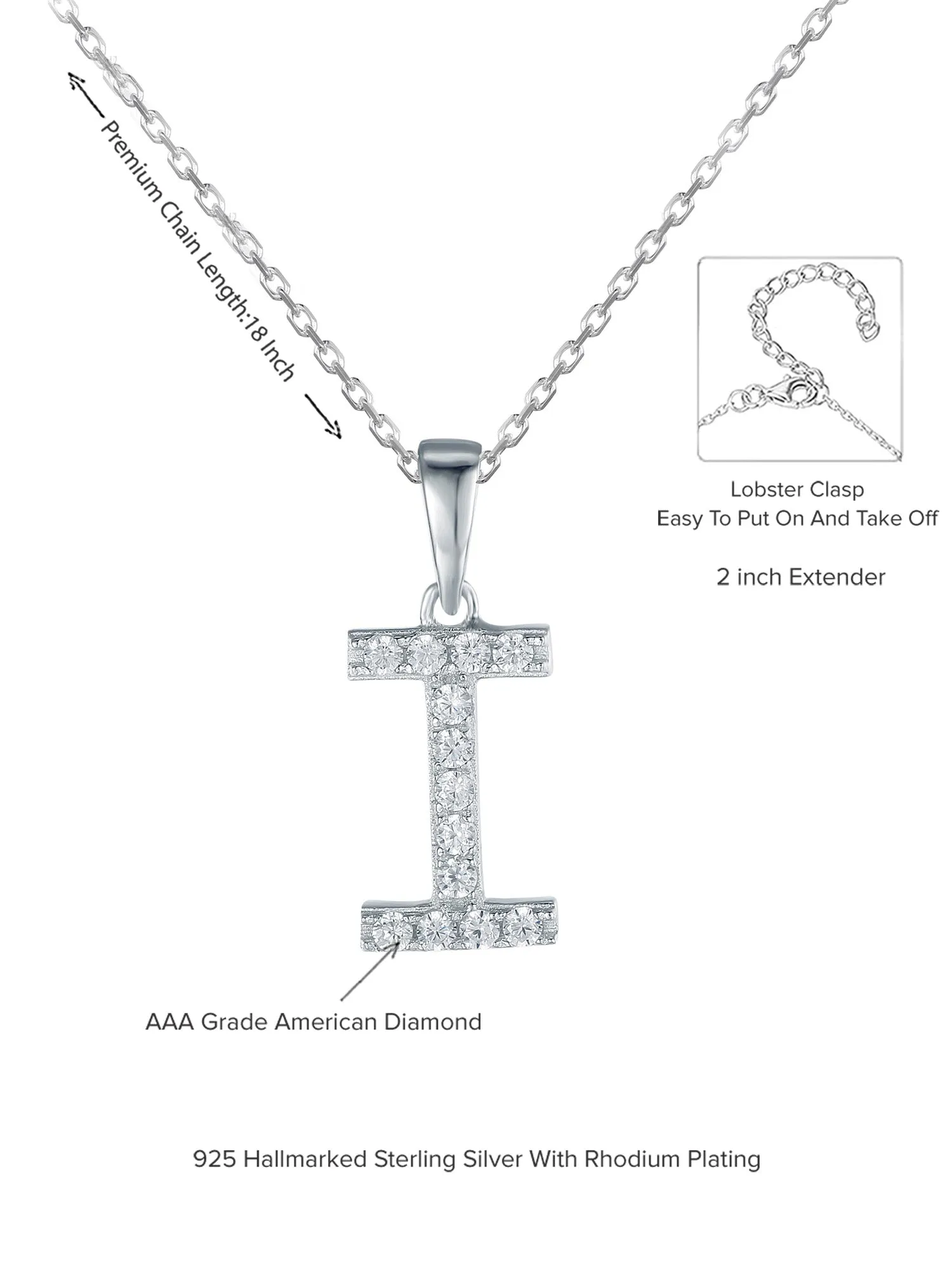 Silver I Initial Letters Or Alphabet Necklace With American Diamonds