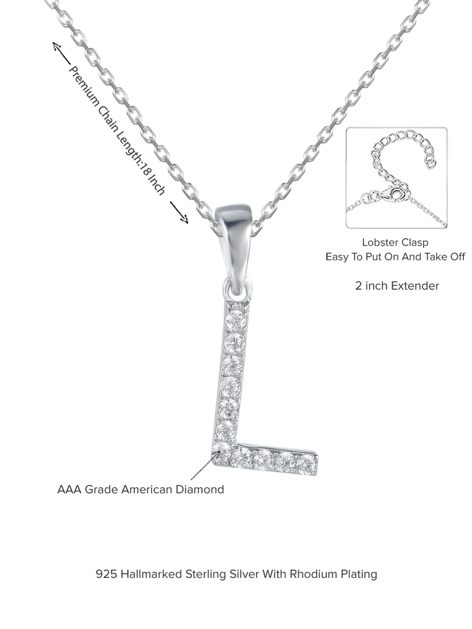 Silver L Initial Letters Or Alphabet Necklace With American Diamonds