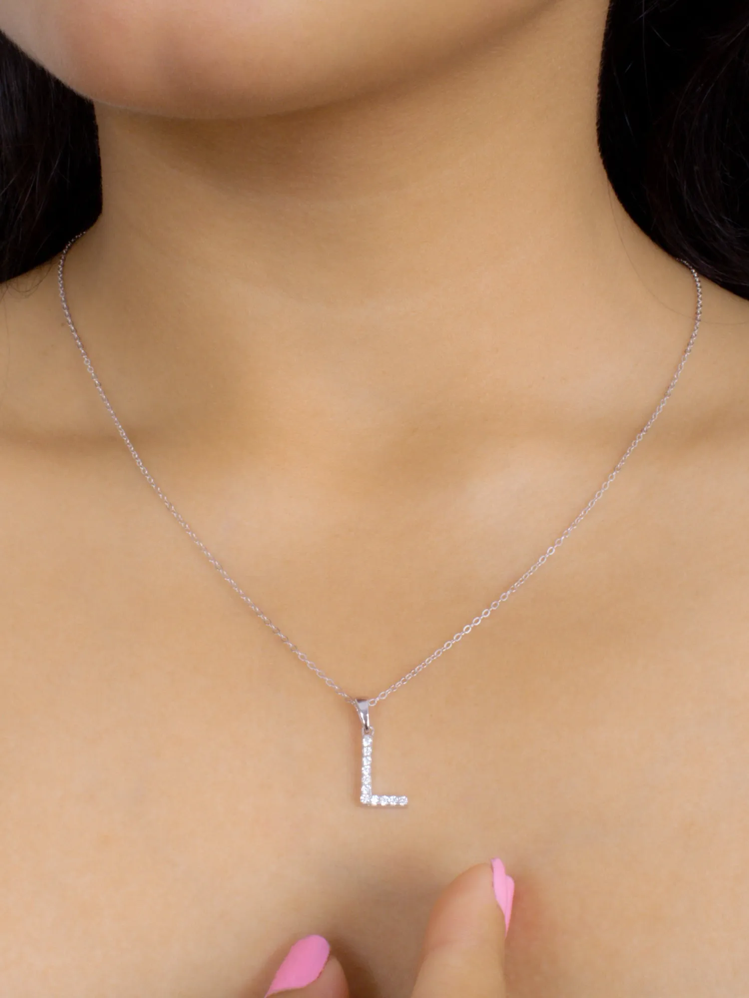 Silver L Initial Letters Or Alphabet Necklace With American Diamonds