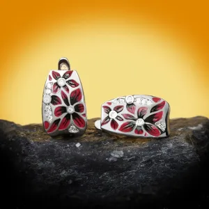 Simple Red Flower Enamel Drop Earrings for Women with Zircon in 925 Sterling Silver