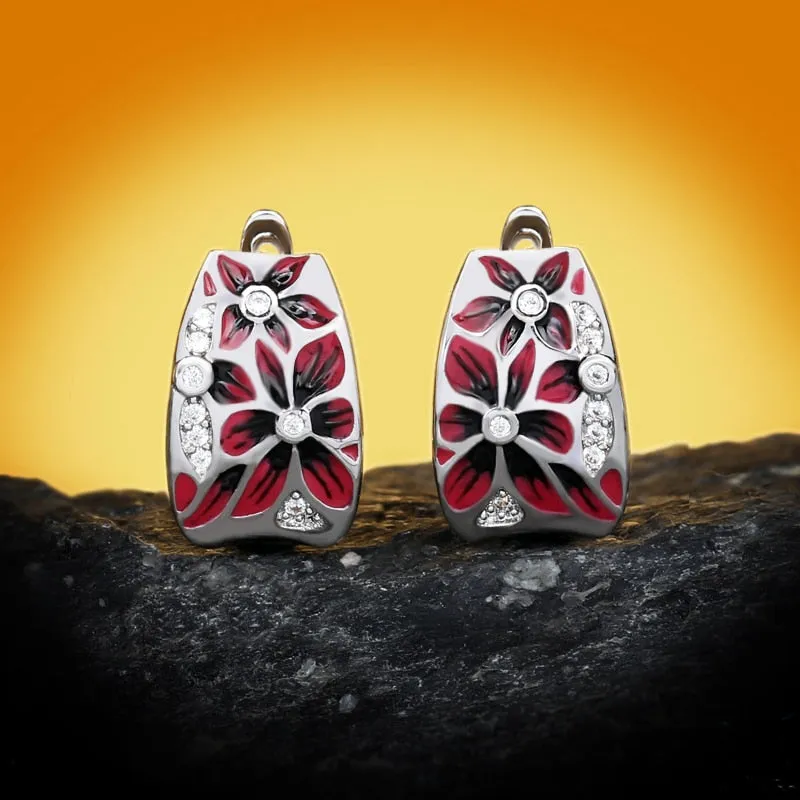 Simple Red Flower Enamel Drop Earrings for Women with Zircon in 925 Sterling Silver