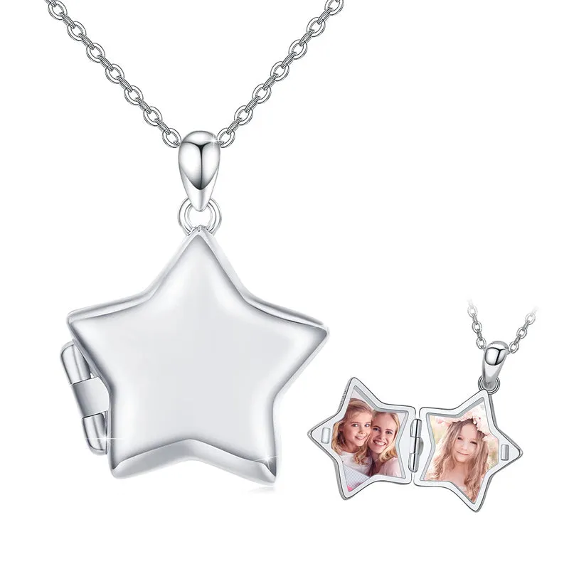 Sterling Silver Star Lockets Necklace That Holds Pictures Star Jewelry Gifts for Women Girls Photo Necklace for Birthday Gifts