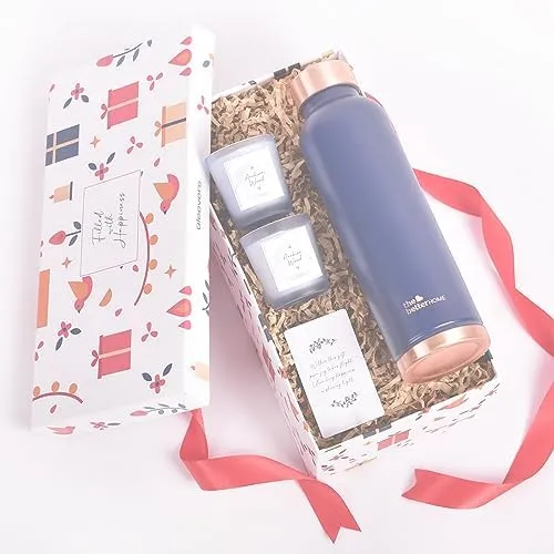 The Better Home Gift Set for Housewarming, Diwali |Gift Box Pack of 3 with Copper Bottle (Grey, 1 LTR) & 2 Candles (Arabian Wood, 60gm) |Gift for Housewarming, Secret Santa Gifts