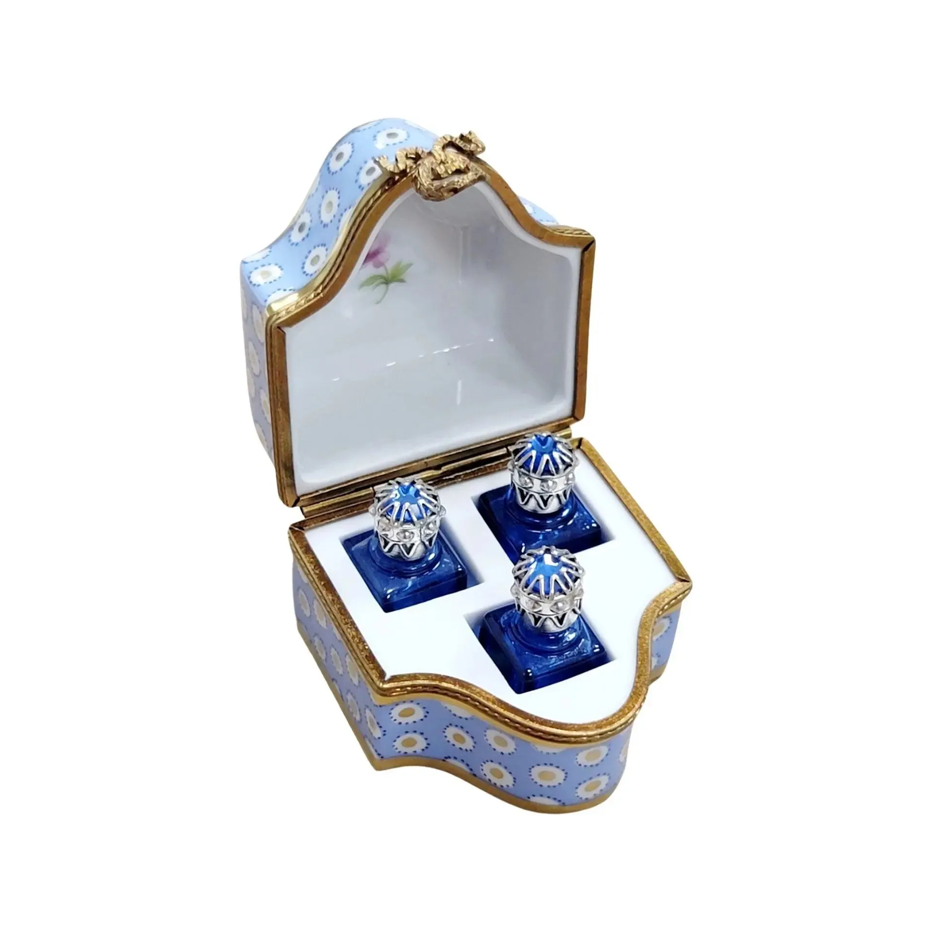 Three Perfume in Gold Blue Flowered Chest