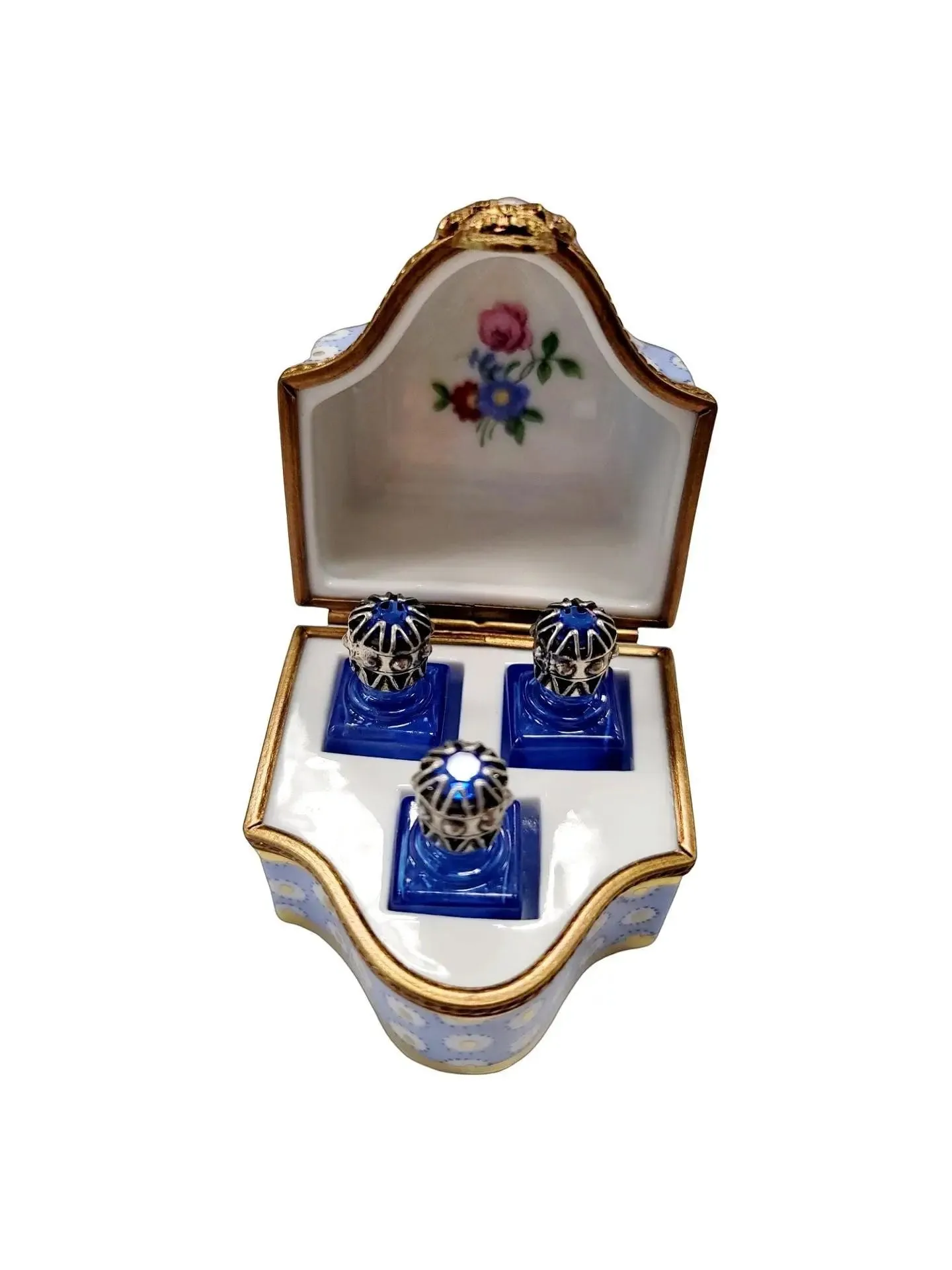 Three Perfume in Gold Blue Flowered Chest