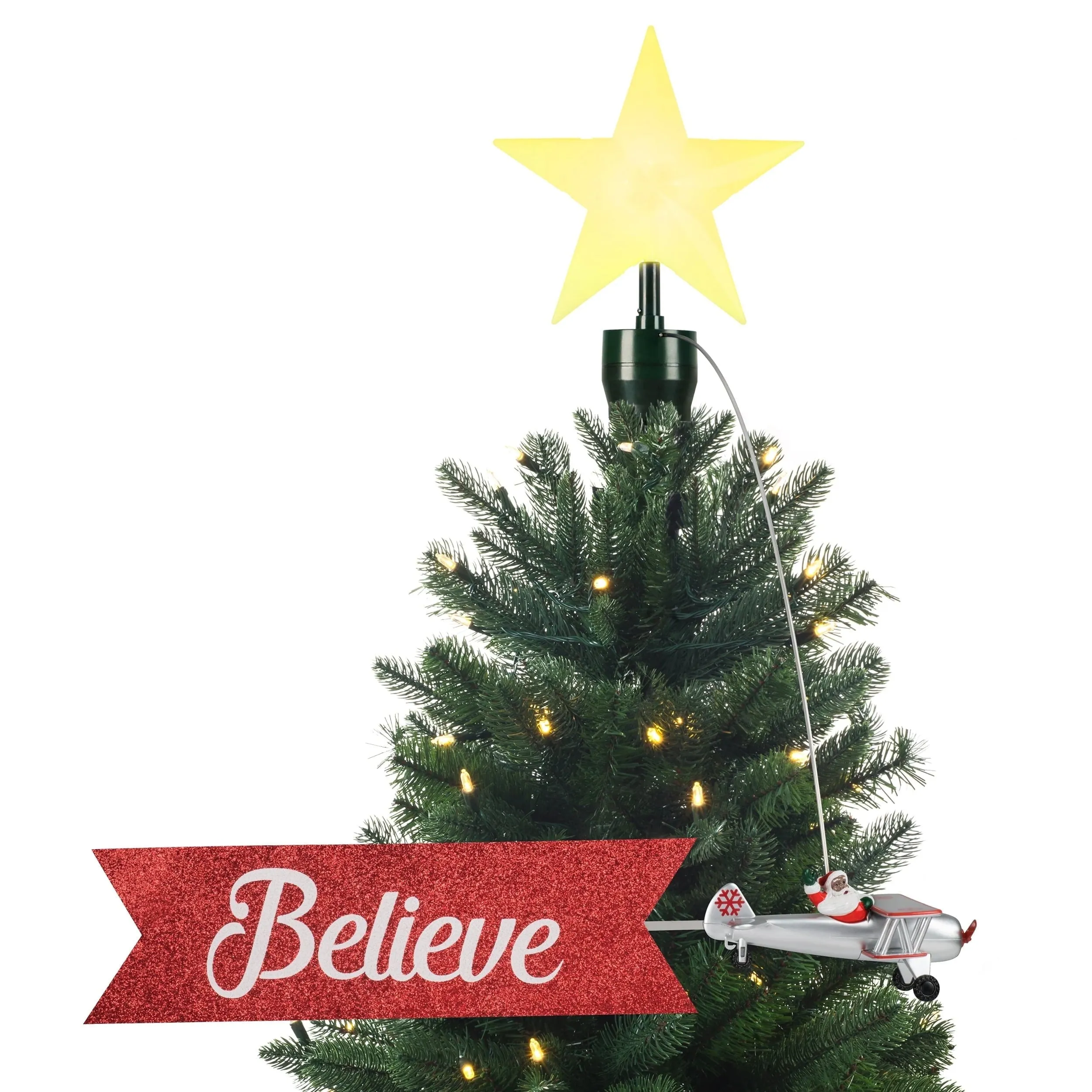 versatile Animated Santa & Sleigh Tree Topper, 24.7", Red Biplane - Black Santa